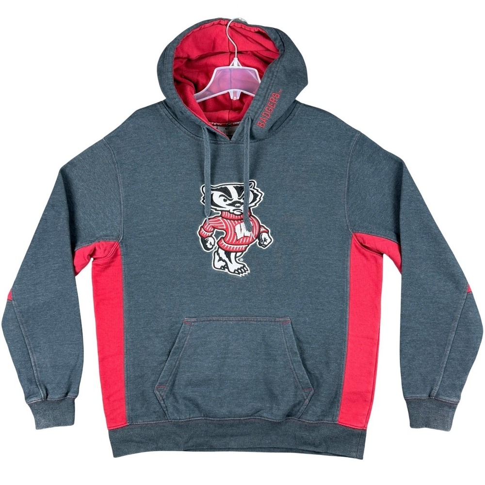 Wisconsin Badgers Hoodie Men's XL Bucky Badger Colosseum NCAA Grey Red Pullover - Picture 1 of 16